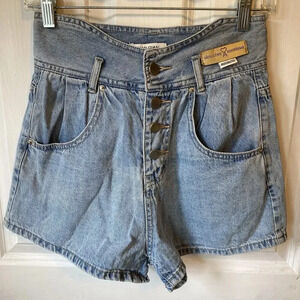 Y2K Alexanbre Women's S Button Fly Denim Jean Shorts Med-Light Blue Pockets